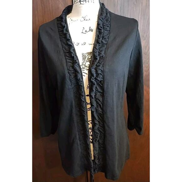 COLDWATER CREEK Size Large Open Cardigan Black Ruffle 3/4 Sleeve Sweater Top - Picture 1 of 4
